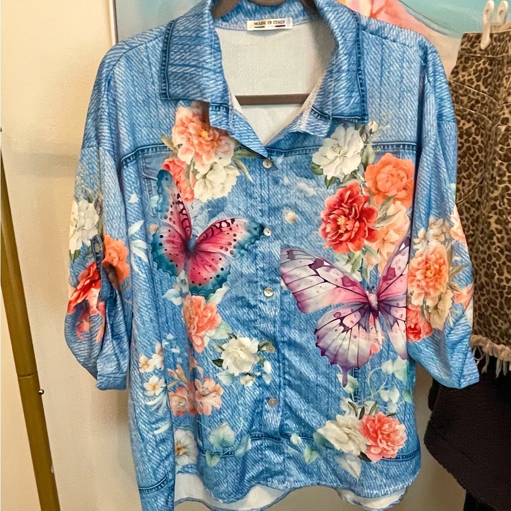 Made in Italy Blue Floral Butterfly‎ Button Down Shirt  Large